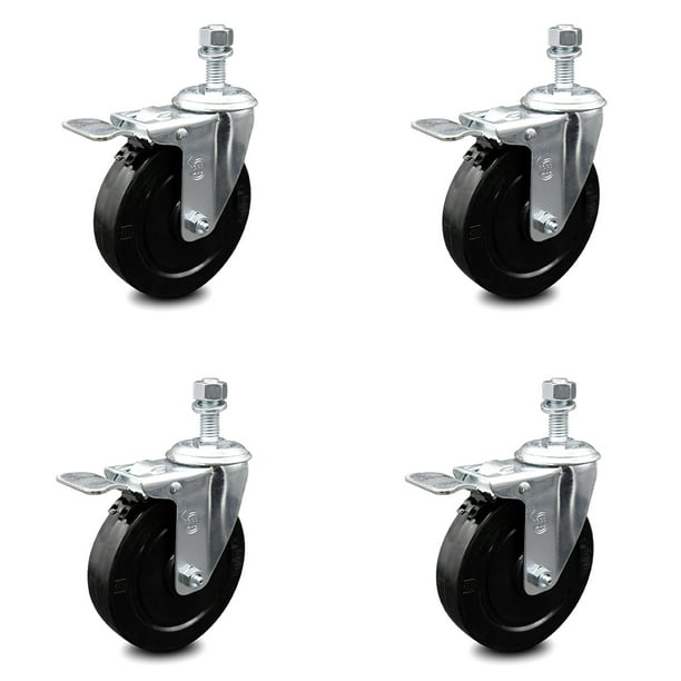 Includes 2 with Top Locking Brake Soft Rubber Swivel Threaded Stem Caster Set of 4 w/5 x 1.25 Black Wheels and 10MM Metric Stems 1100 lbs Total Capacity Service Caster Brand 